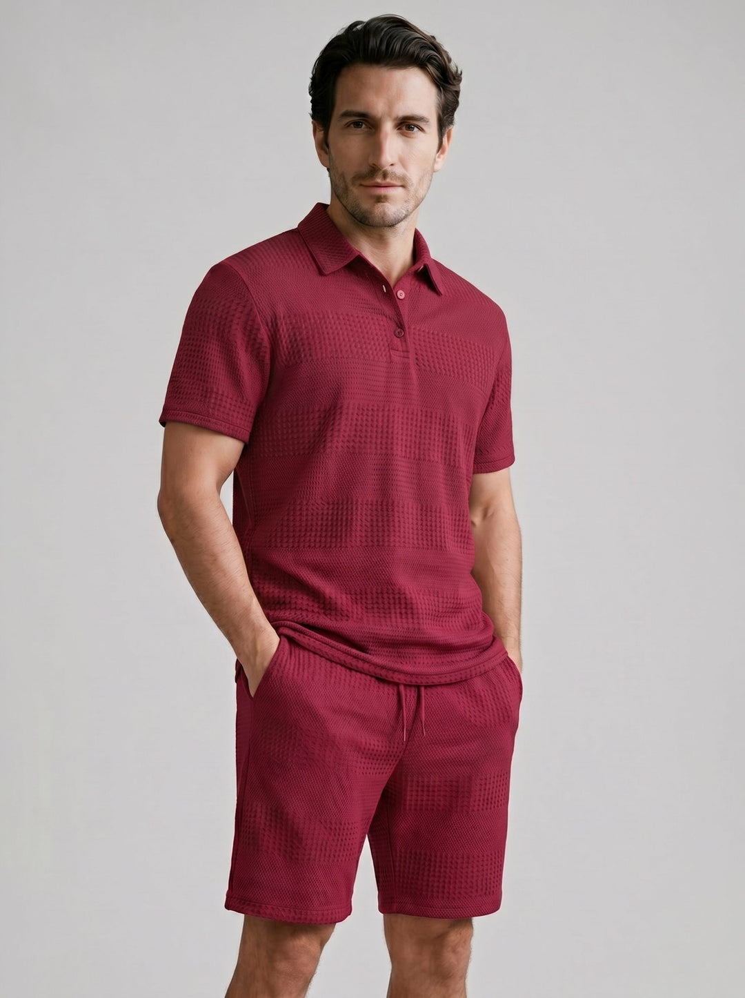 Relaxed fit men's knit polo & shorts two-piece set for summer fashion.