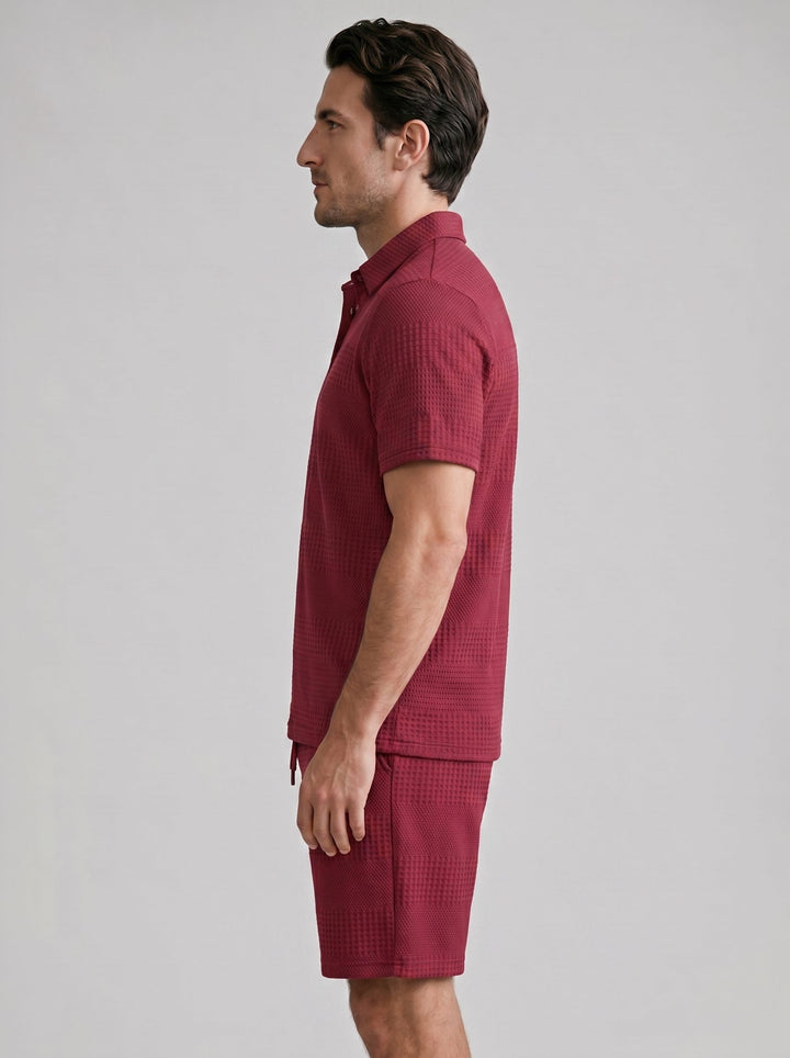 Men's casual coordinated set: Textured knit polo shirt & comfortable shorts.