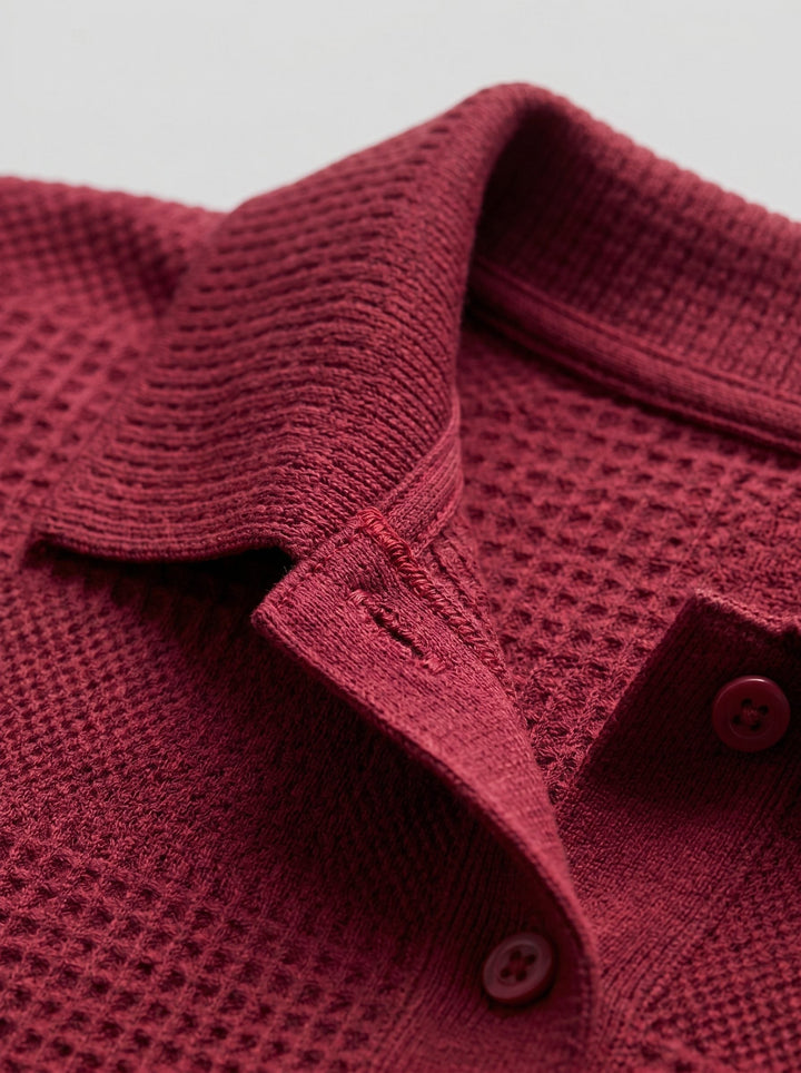 Men's loungewear set: Textured knit polo shirt and relaxed fit shorts.
