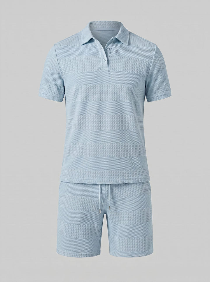 Summer fashion for men: Relaxed fit knit polo & shorts in a coordinated set.