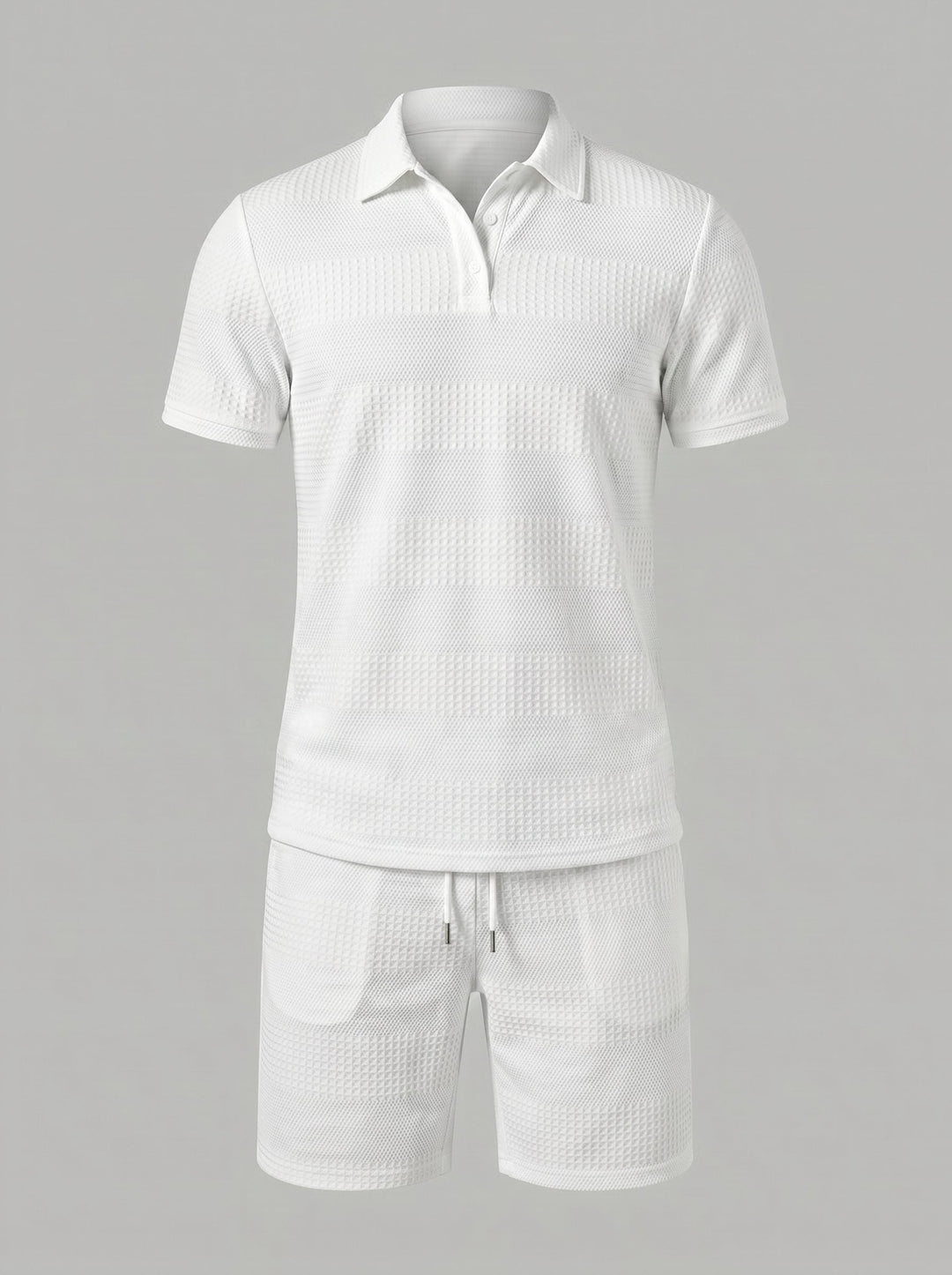 Textured knit two-piece set for men, featuring a relaxed polo shirt and matching shorts.