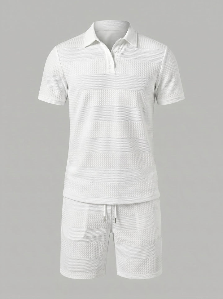 Textured knit two-piece set for men, featuring a relaxed polo shirt and matching shorts.