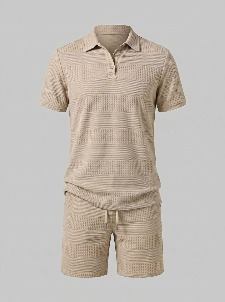 Men's relaxed textured knit polo & shorts set, great for warm weather loungewear.