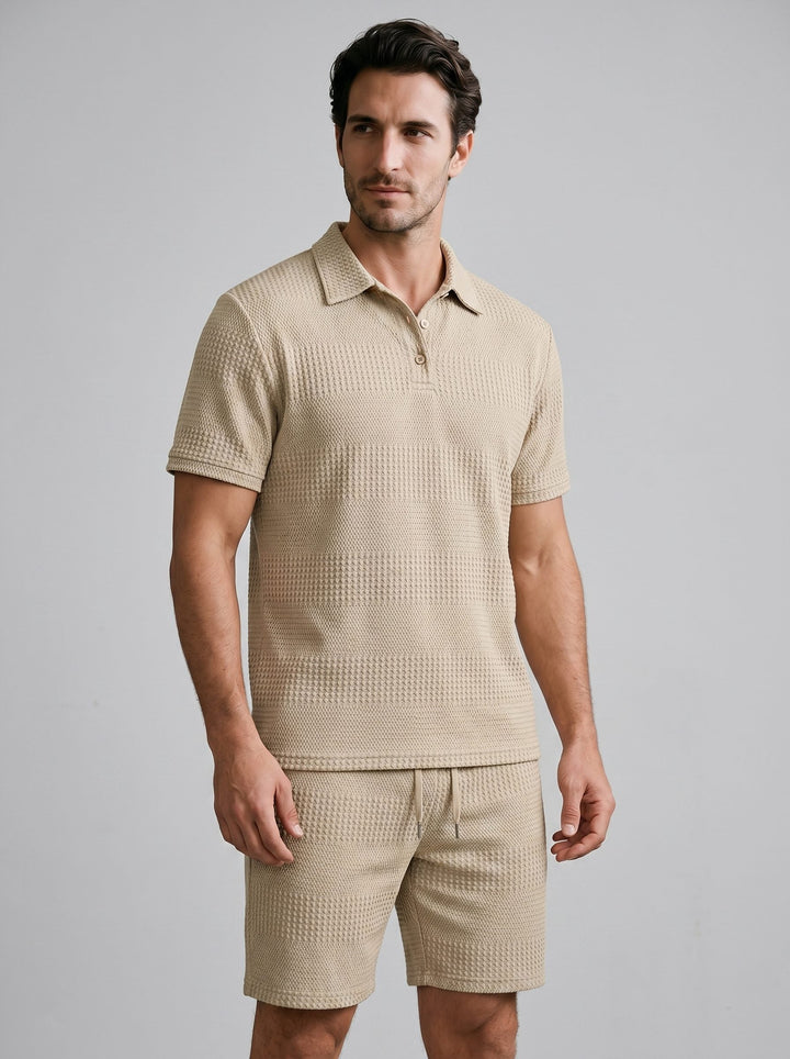 Stylish men's two-piece summer set: Knit polo shirt & matching shorts.