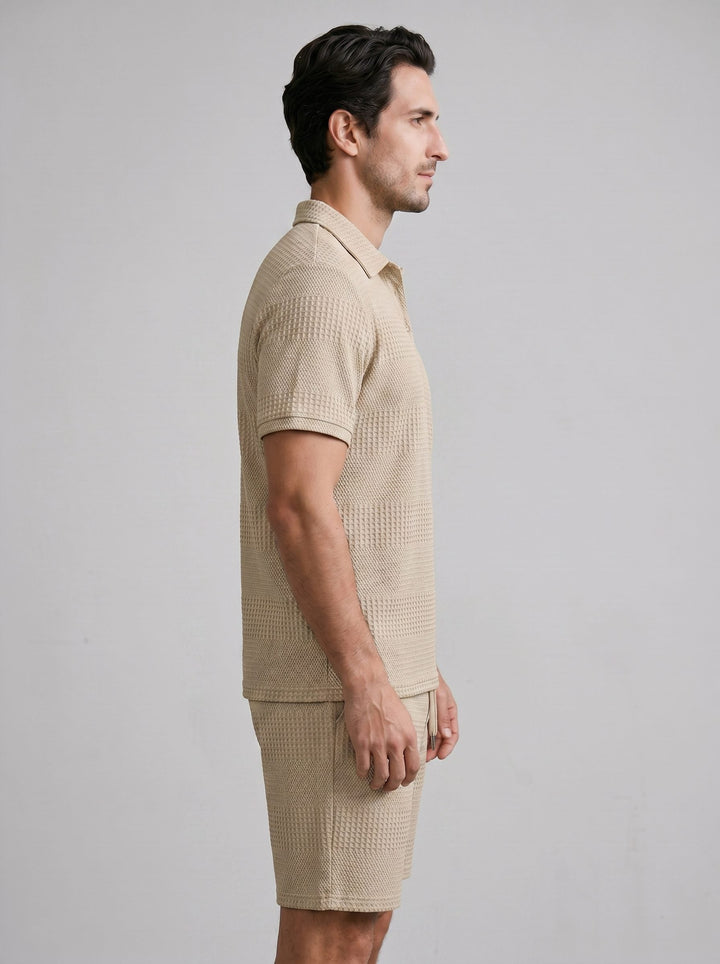 Men's relaxed fit knit polo and shorts set for ultimate summer style & comfort.