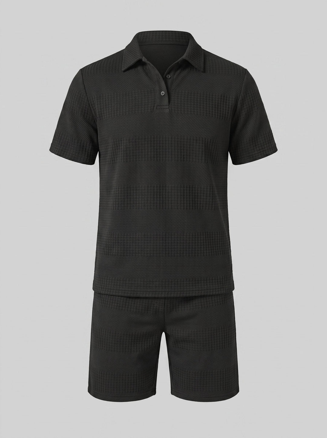 Men's fashion relaxed fit knit polo and shorts set, ideal for casual wear.