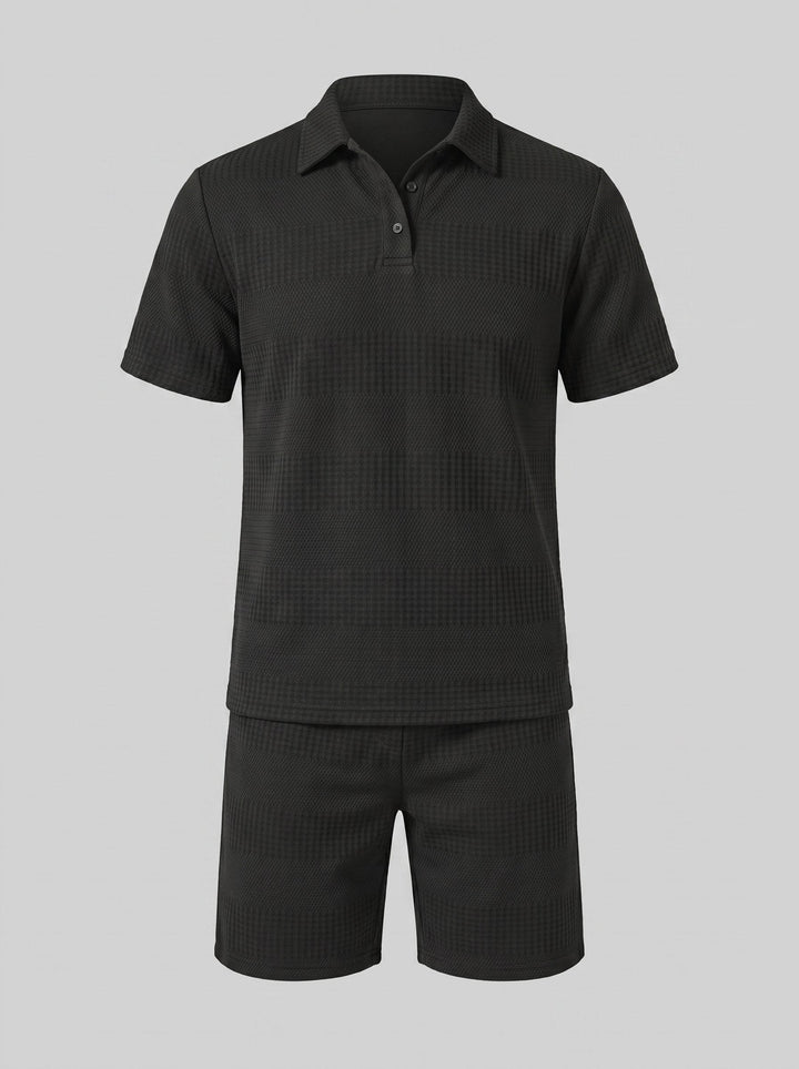 Men's fashion relaxed fit knit polo and shorts set, ideal for casual wear.