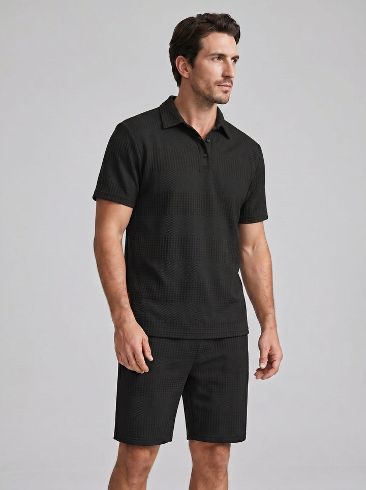 Warm weather men's textured knit polo shirt & shorts, perfect loungewear.
