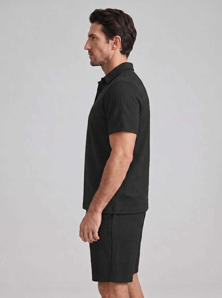 Men's two-piece summer outfit: Relaxed knit polo & matching shorts set.
