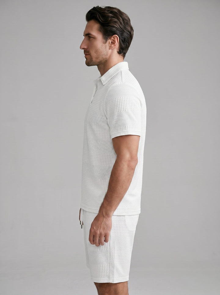 Men's summer outfit: Relaxed fit knit polo shirt and comfortable matching shorts set.