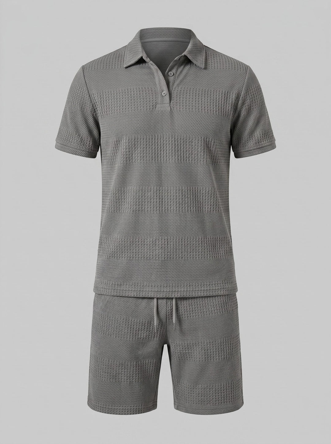 Warm weather men's fashion: Relaxed knit polo shirt and shorts coordinated set.