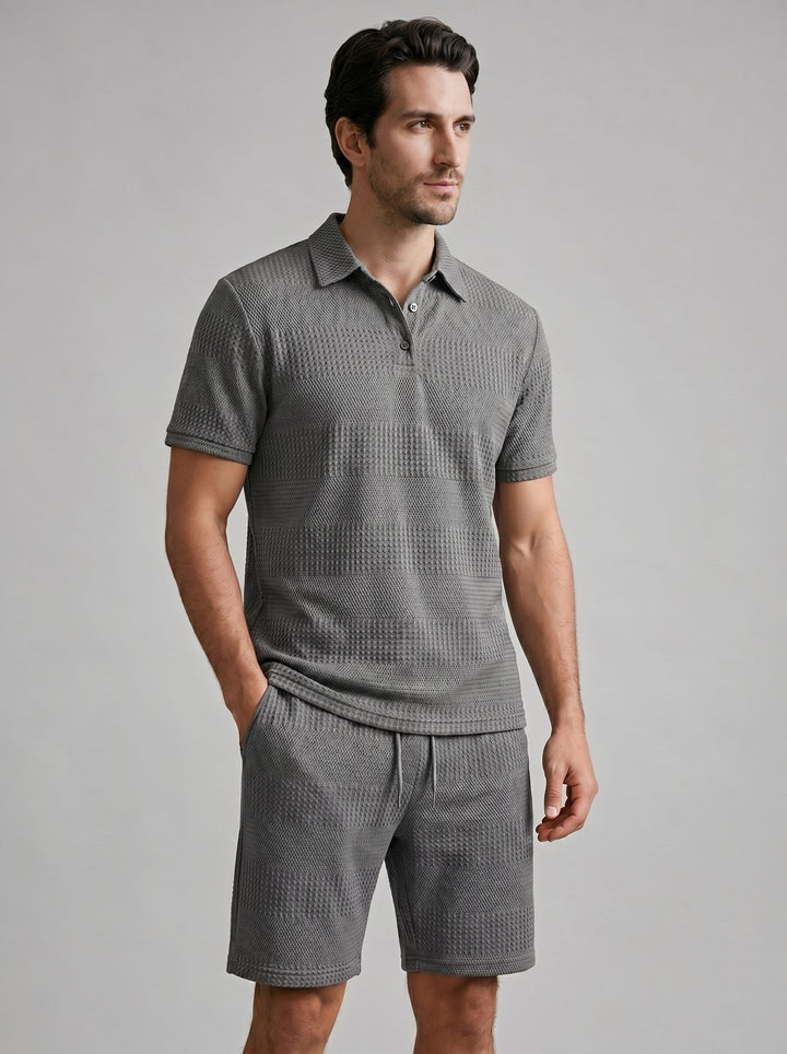 Men's relaxed fit textured knit polo & shorts for ultimate comfort and style.
