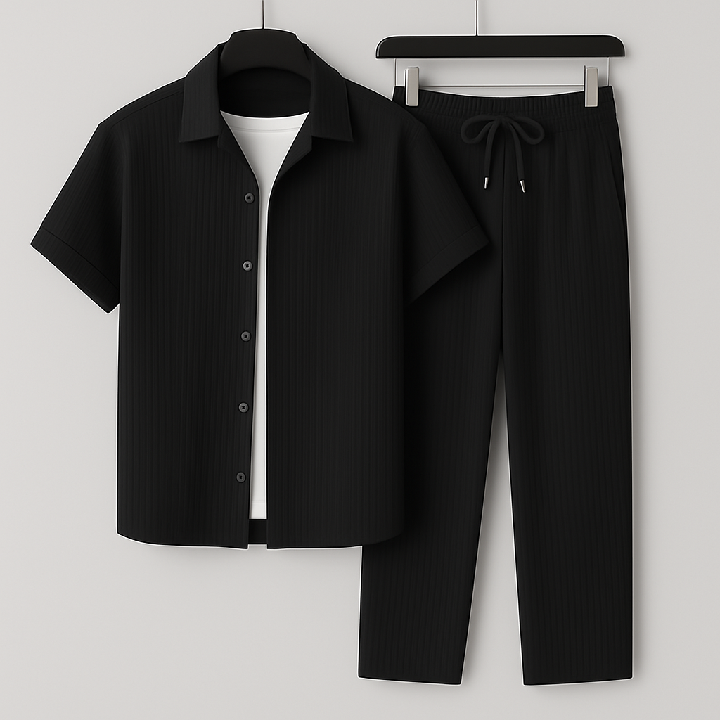Men's relaxed two-piece lounge set, perfect for comfort & casual style at home or travel.