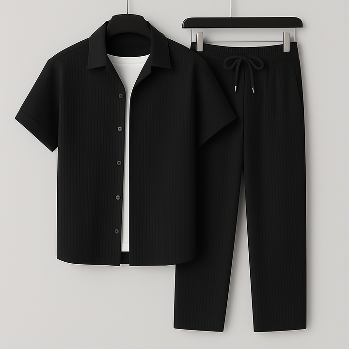 Men's relaxed two-piece lounge set, perfect for comfort & casual style at home or travel.
