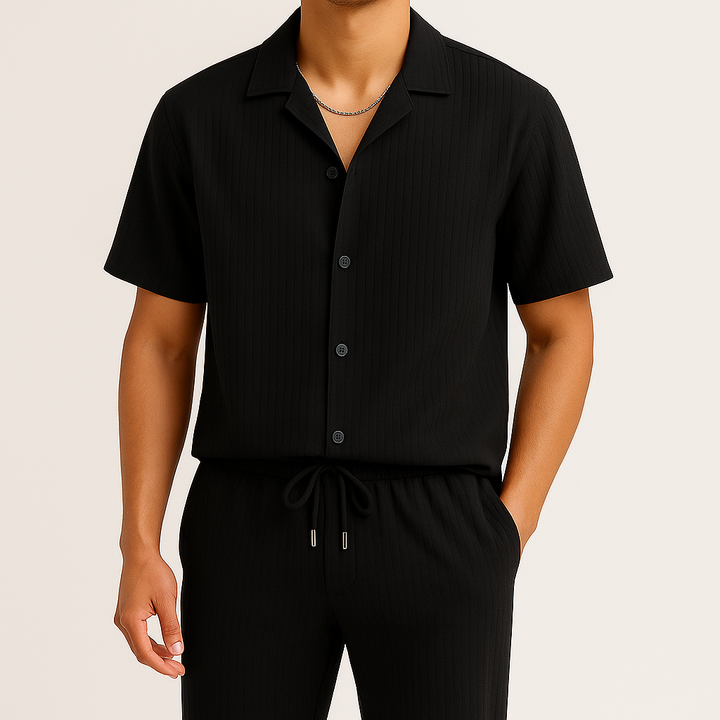 Comfortable men's relaxed fit lounge set with shirt & trousers, ideal for home wear or travel.