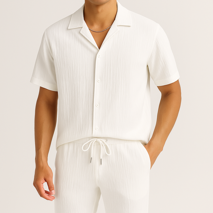 Men's casual two-piece lounge set including a relaxed fit shirt & comfortable trousers for home or travel.