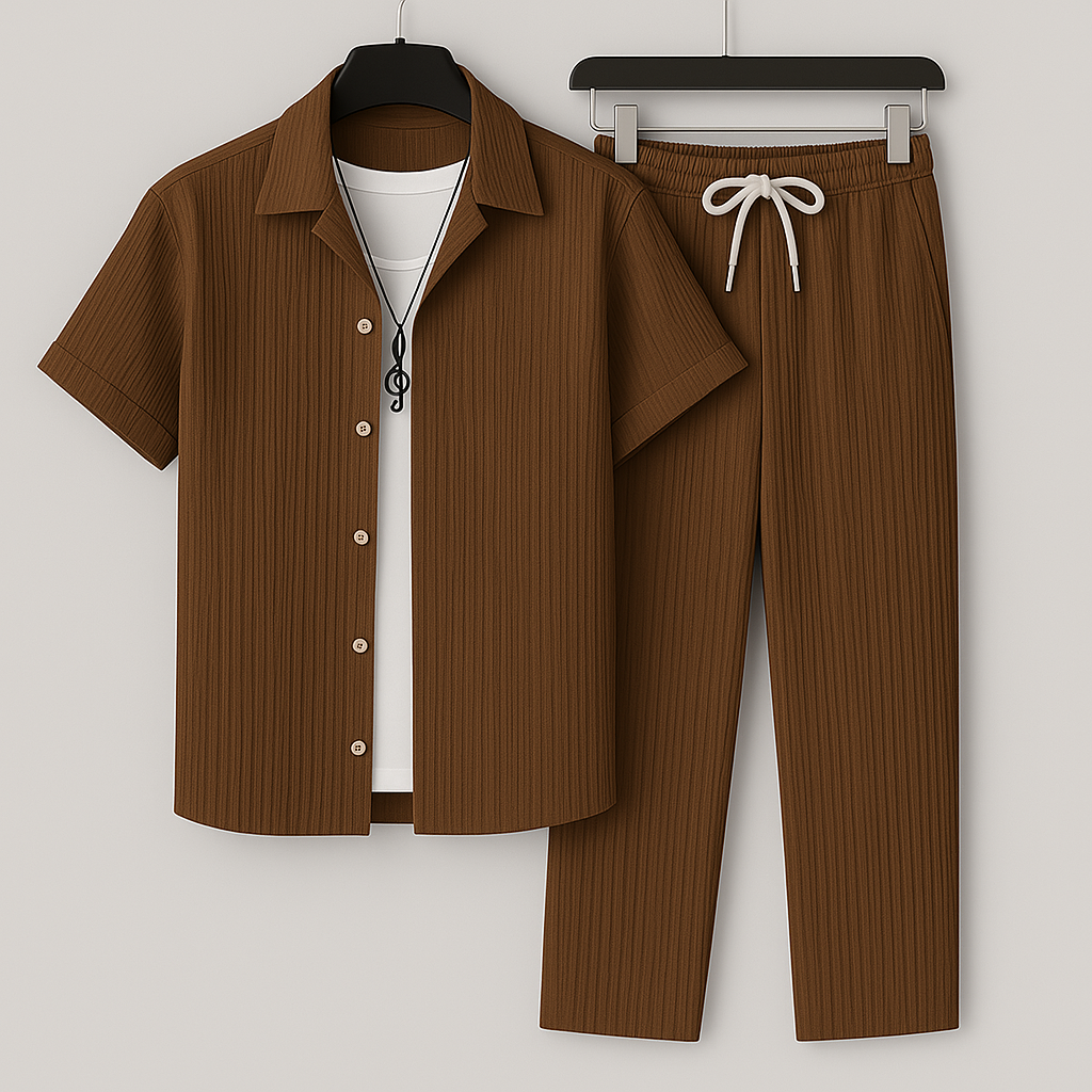 Versatile men's relaxed two-piece lounge set for casual wear, home comfort, or stylish travel outfit.