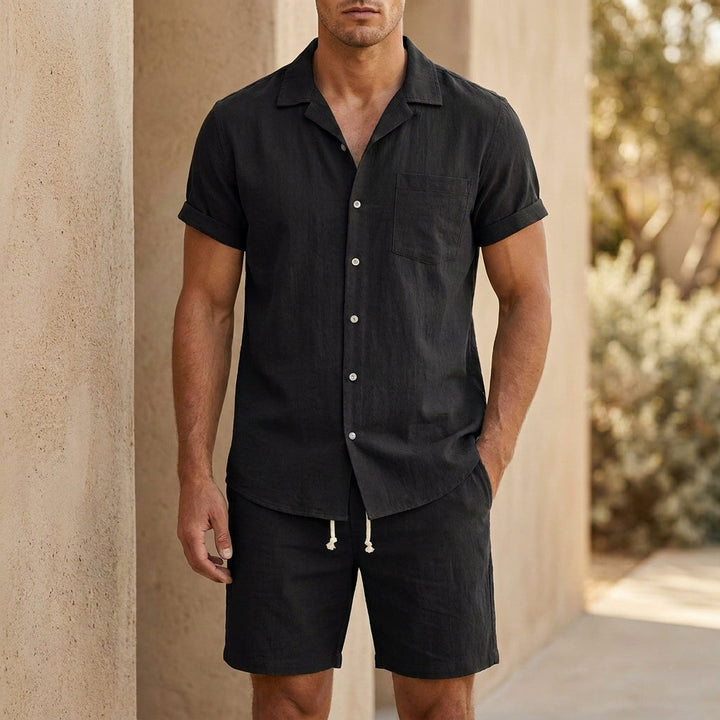 Breathable men's relaxed two-piece summer shirt and shorts set, a versatile co-ord for hot weather and casual outings.