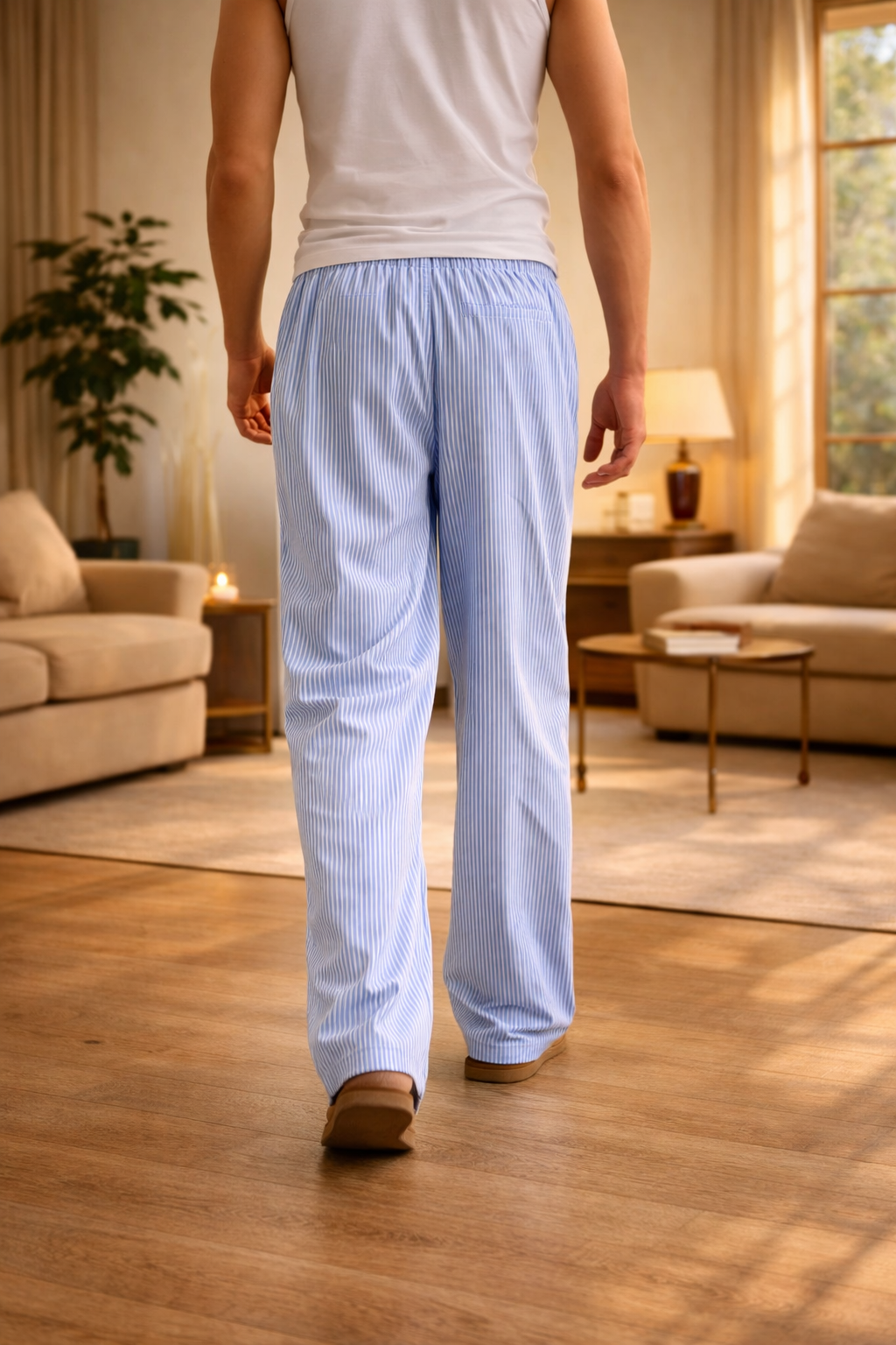 Stylish men's wide leg striped trousers with a relaxed fit. Comfortable blue lounge pants for modern casual fashion.