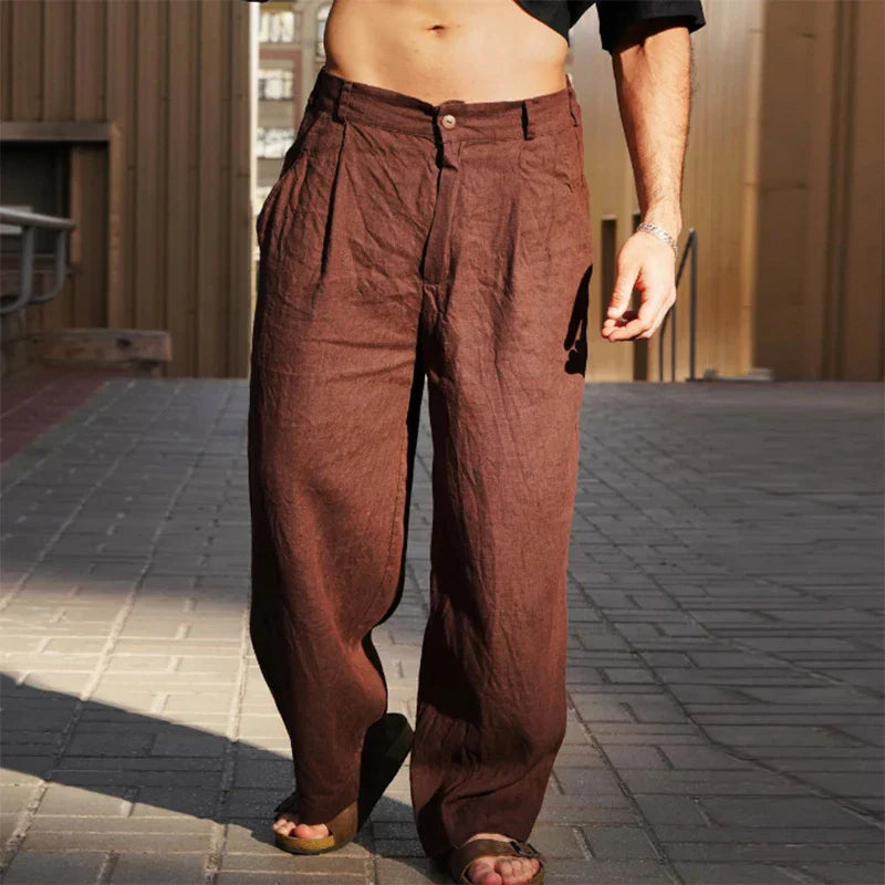 Breathable men's pleated linen pants, ideal for spring & summer casual wear.