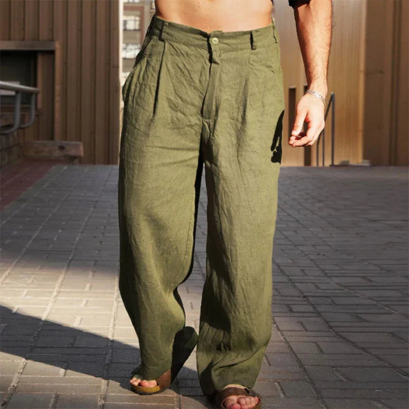 Lightweight men's linen pants with relaxed fit, great for warm weather comfort.
