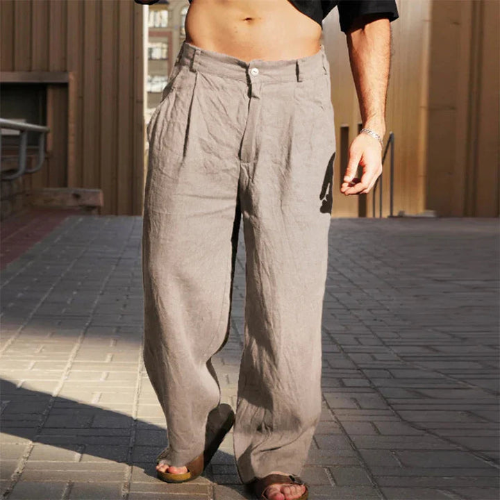 Front view of men's relaxed fit pleated linen trousers, comfy for spring & summer.