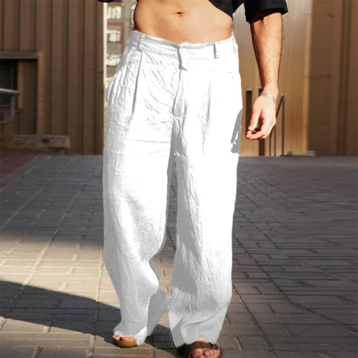 Summer-ready men's wide leg linen pants, a relaxed fit for breathable style.