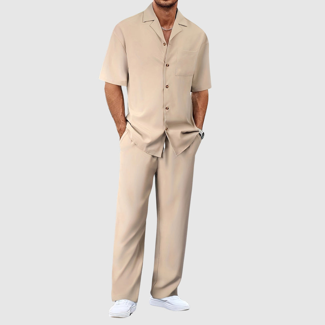 Men's resort co-ord set with revere collar shirt & relaxed trousers. Perfect for summer casual or travel.