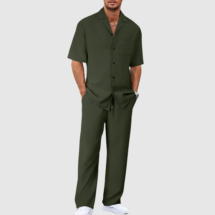 Men's casual co-ord set: revere collar shirt & relaxed fit trousers. Great for beach trips or resort wear.