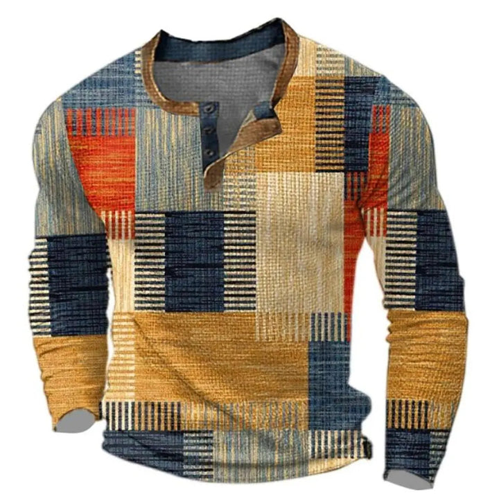 Men's retro colour block long sleeve Henley jumper. Vintage style casual pullover with patchwork design.