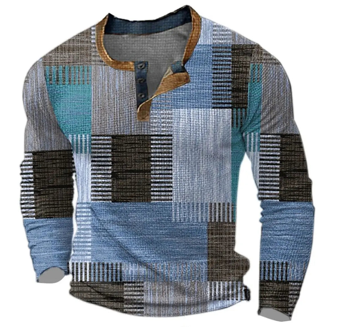 Casual men's long sleeve jumper in retro colour block style. Henley top with vintage patchwork details.