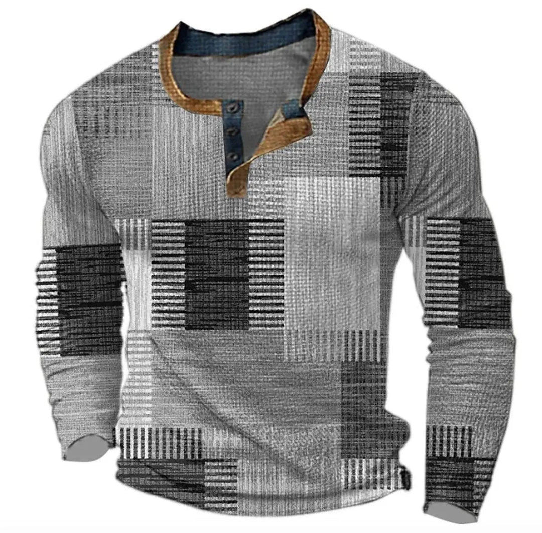 Stylish men's retro colour block Henley jumper. Vintage look long sleeve pullover, great for daily wear.