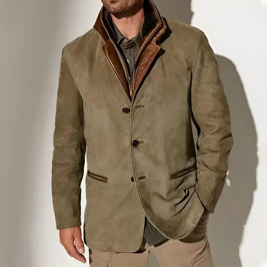 Modern retro men's jacket with a fashionable contrast collar, providing stylish comfort for smart casual spring and fall.