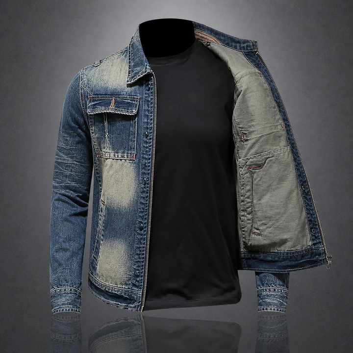 Men's retro denim jacket with vintage wash, classic fit, perfect for streetwear & casual outfits.