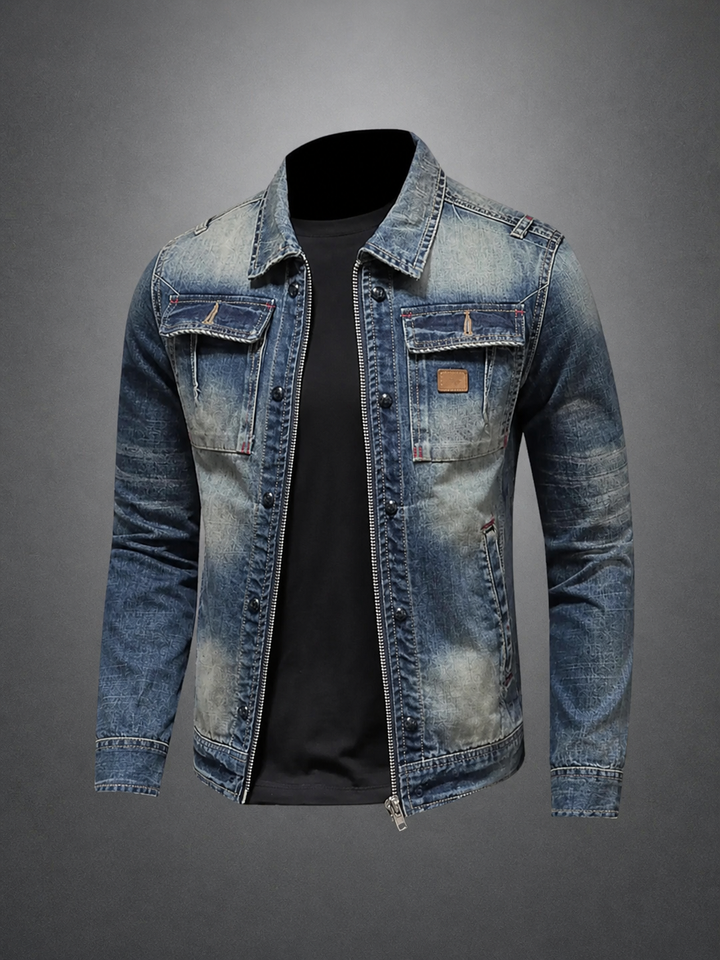 Classic men's denim jacket, vintage style, durable blue fabric, a timeless piece of men's outerwear.