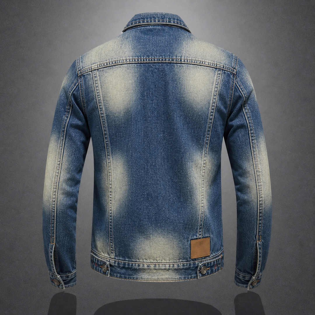 Stylish men's retro denim jacket, vintage wash, ideal for fashion-forward casual or streetwear looks.