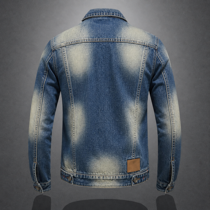 Stylish men's retro denim jacket, vintage wash, ideal for fashion-forward casual or streetwear looks.