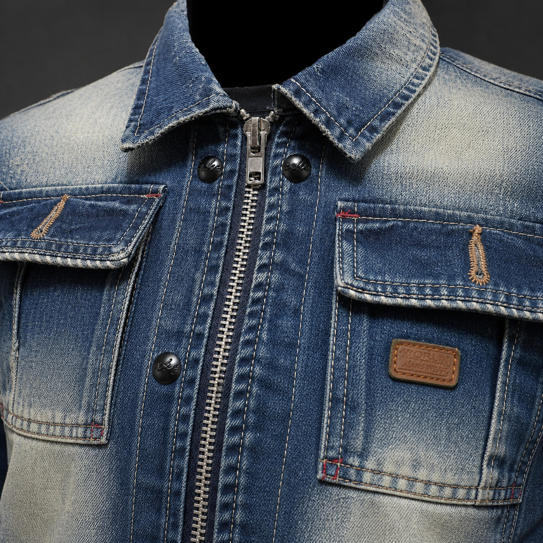Men's vintage style denim jacket, retro blue wash, classic buttons, a versatile fashion jacket.