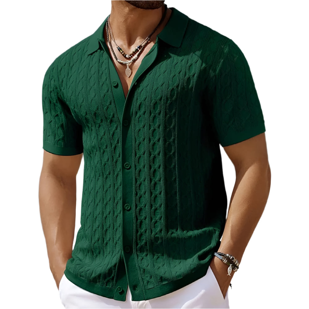 Men's retro jacquard patterned polo shirt, short sleeve, perfect for smart casual summer wear.