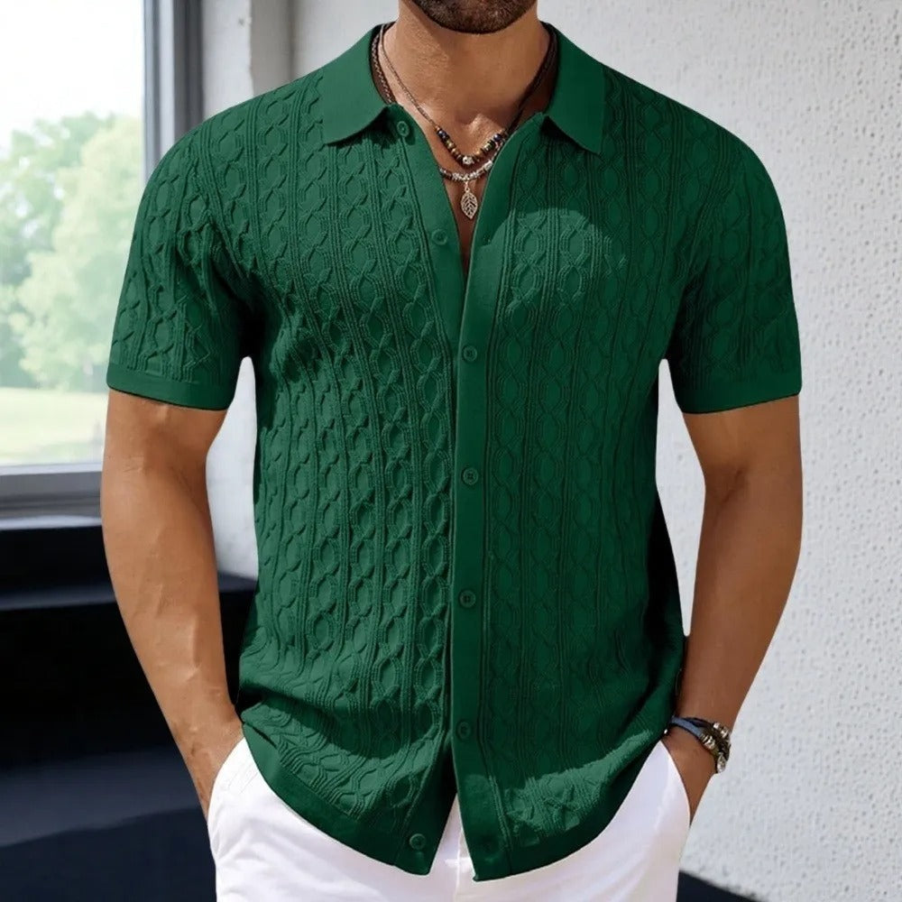Fashionable men's retro jacquard patterned polo shirt. Short-sleeve casual top for summer comfort.