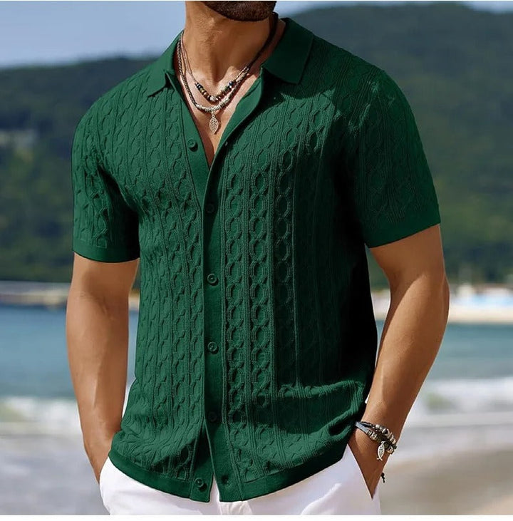 Classic men's retro jacquard patterned polo shirt. Short sleeve, button-down, ideal for smart casual look.