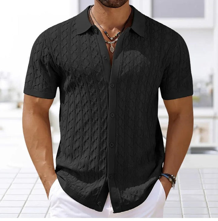 Unique men's jacquard patterned polo shirt. Retro style short-sleeve top for breathable summer comfort.