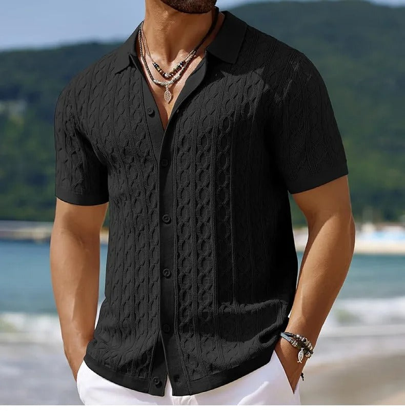 Trendy men's retro jacquard polo shirt, short-sleeve. Smart casual button-down for breathable summer wear.