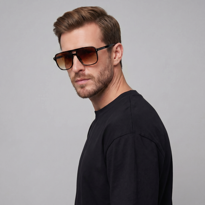 Lightweight men's square frame sunglasses with UV protection, ideal for confident outdoor daily wear.