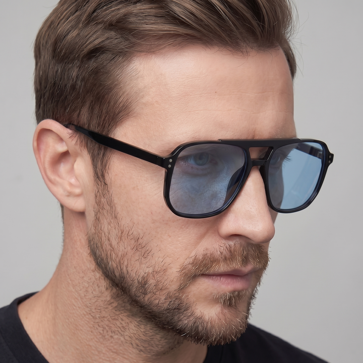 Black frame men's square sunglasses, retro-modern outdoor eyewear with UV protection.