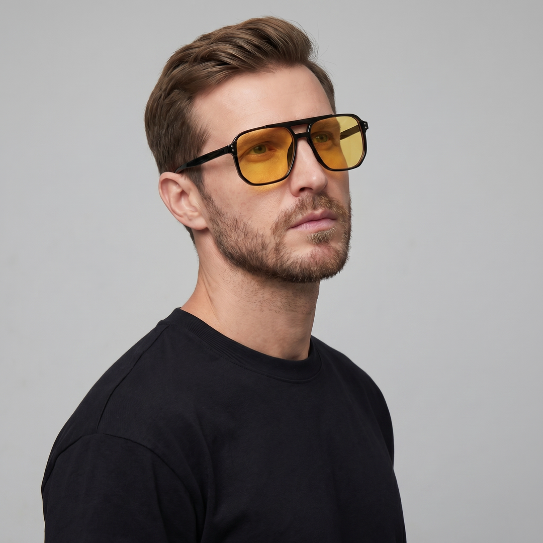 Men's square frame sunglasses with blue lenses, retro-modern style, great for outdoor fashion.