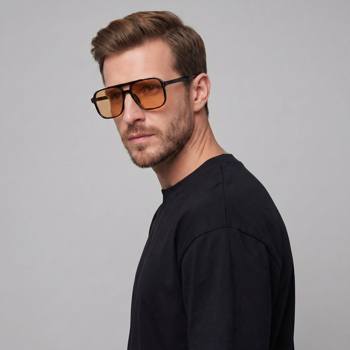 Confident look men's square frame sunglasses, modern retro design with UV protection for outdoor.