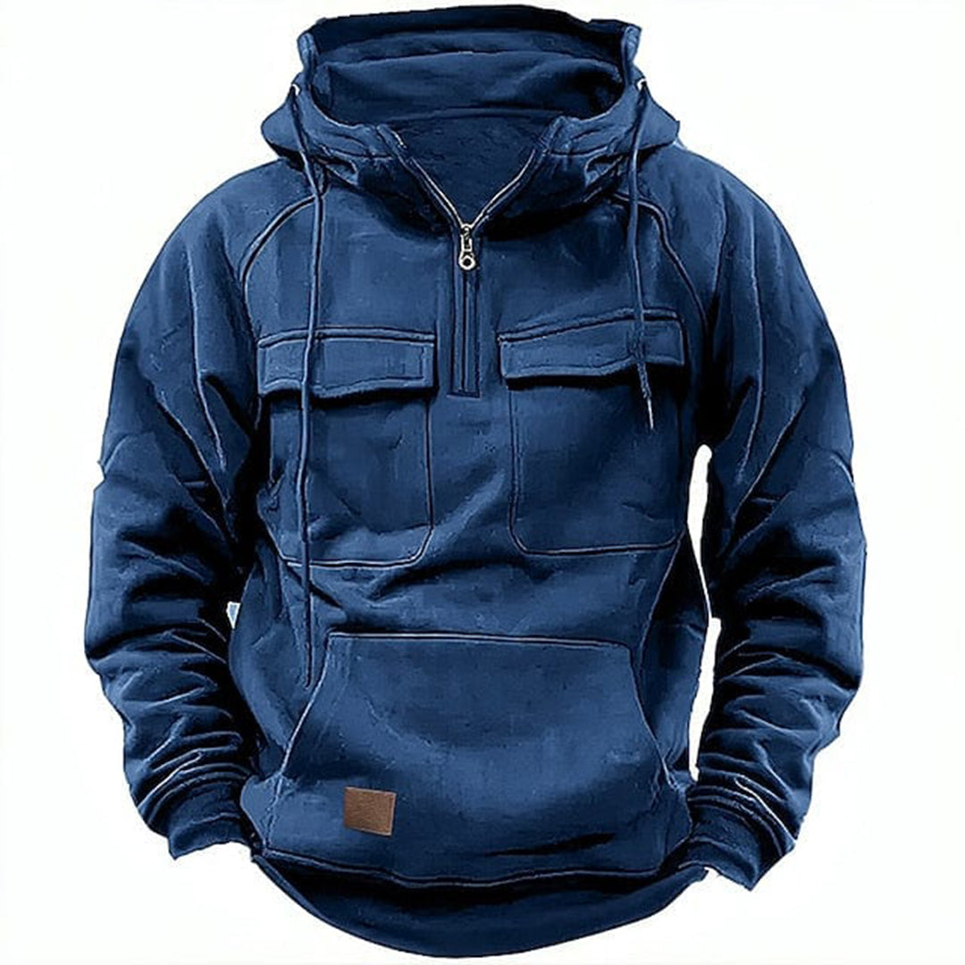 Vintage men's motorcycle-style full-zip hoodie, rugged streetwear & warm outerwear.
