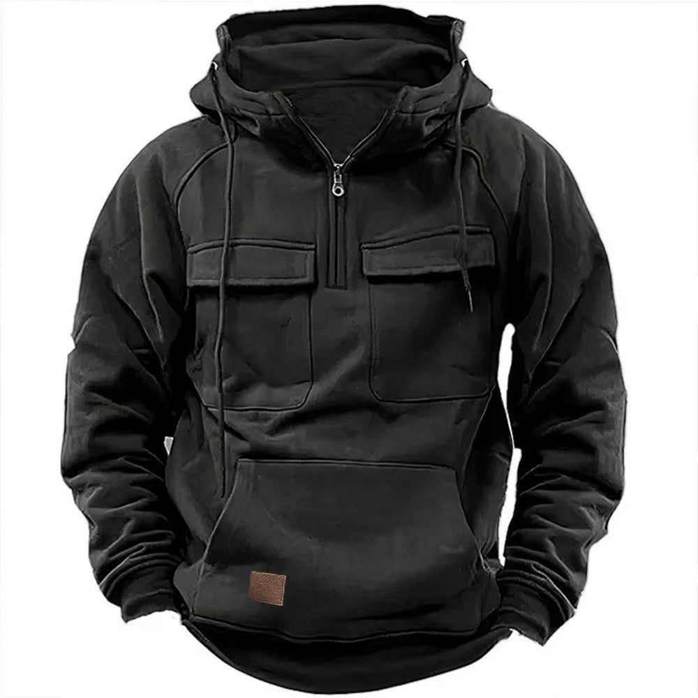 Classic men's motorcycle-inspired full-zip hoodie, rugged apparel for retro streetwear.