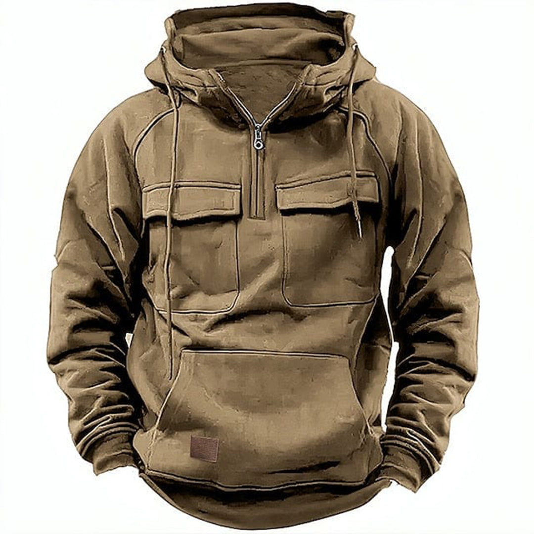 Rugged men's retro hoodie in dark grey. Durable outerwear for motorcycle enthusiasts & vintage style.